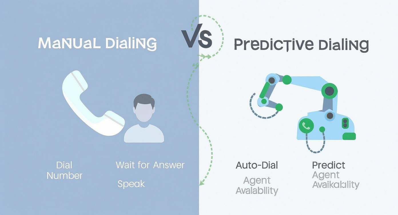 Visual comparison of manual dialing by a human with a phone versus automated predictive dialing by a robotic system.