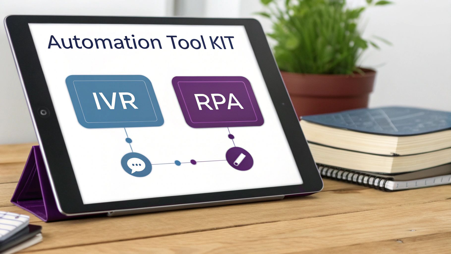 Automation in Customer service: A Practical Guide to empower your Business 2 Tablet displaying an 'Automation Tool KIT' with IVR and RPA options for customer service.