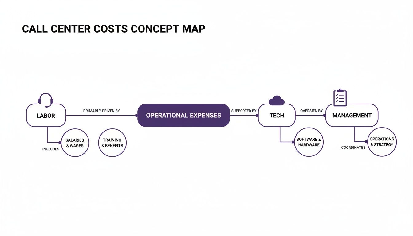 Call Center Outsourcing Costs Explained: Pricing, Models, and Hidden Fees 1 A concept map illustrating call center operational expenses, detailing labor, tech, and management components.