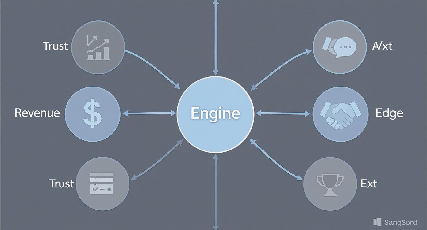 Application Maintenance & Support: The Ultimate Blueprint for Future-Proofing Your Business 2 A conceptual diagram showing an 'Engine' at the center, connected to Trust, Revenue, A/xt, Edge, and Ext.