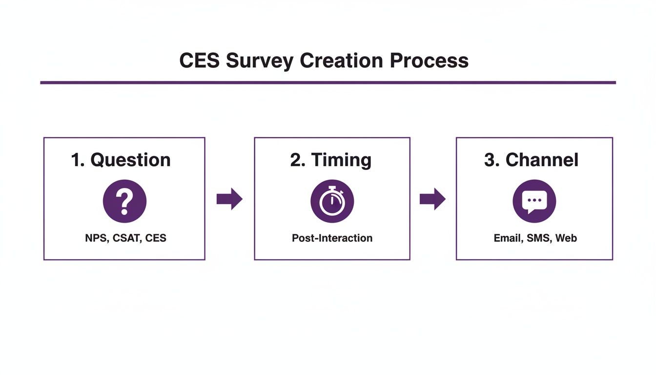 How to Measure Customer Effort Score: Turning Customer Friction Into Loyalty 2 A diagram illustrating the CES survey creation process, detailing questions, timing, and channels.