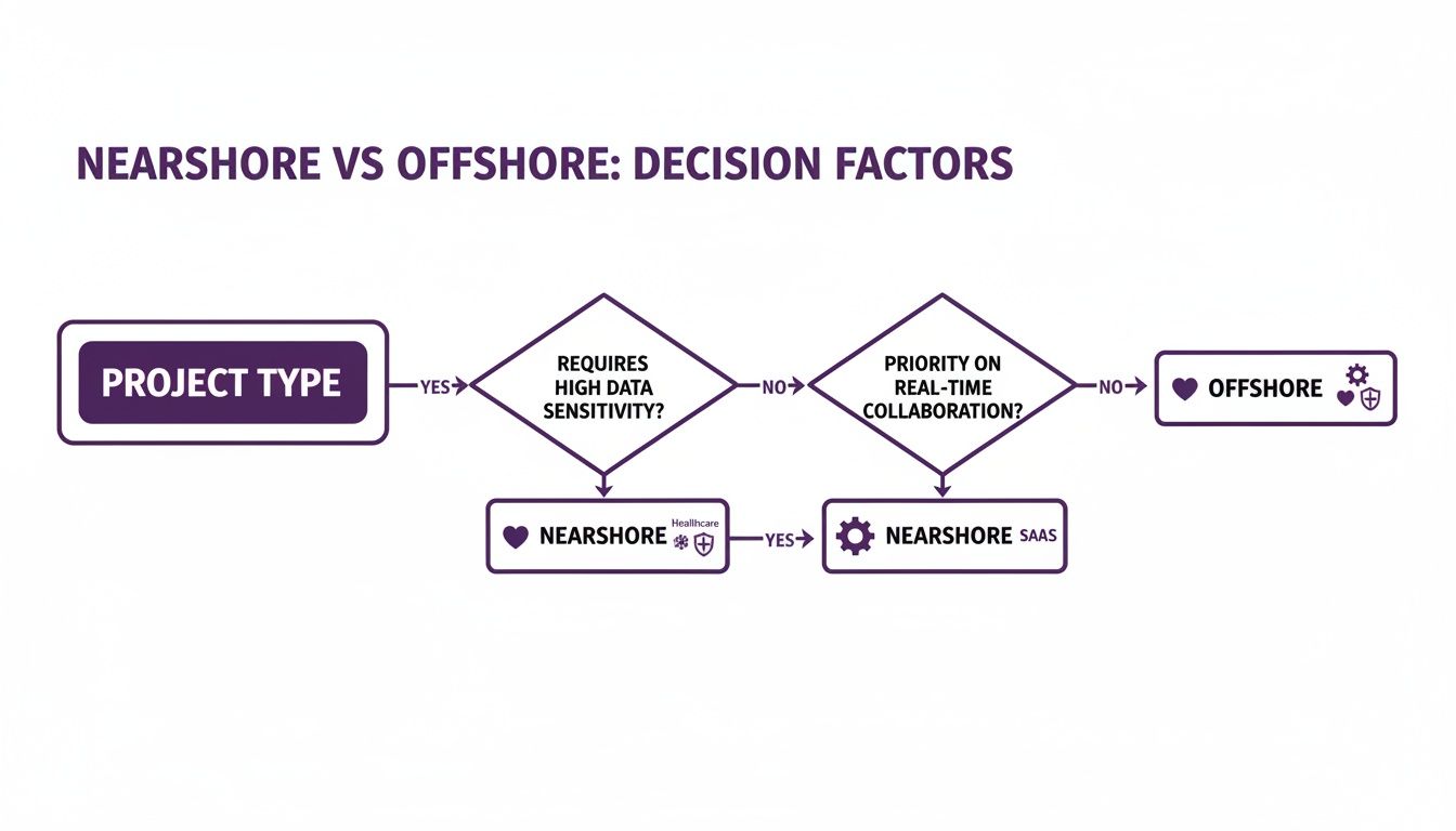 Nearshore vs Offshore Outsourcing: Costs, Risks, and Which Model Actually Wins 4 Flowchart comparing nearshore vs offshore outsourcing based on data sensitivity and real-time collaboration.