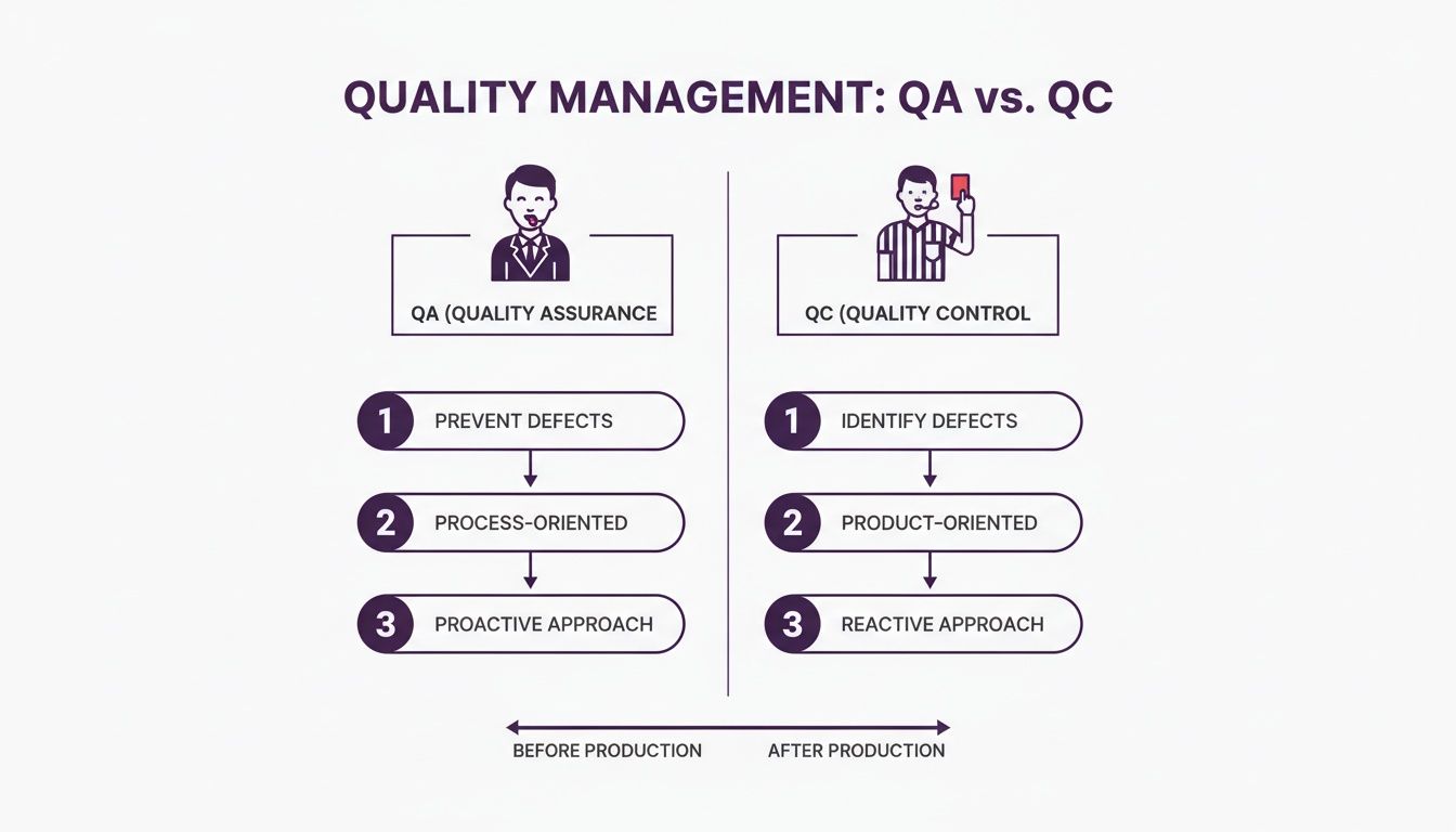 What Is Quality Assurance in a Call Center? A BPO Expert's Guide 2 An infographic comparing Quality Assurance (QA) and Quality Control (QC) in quality management.