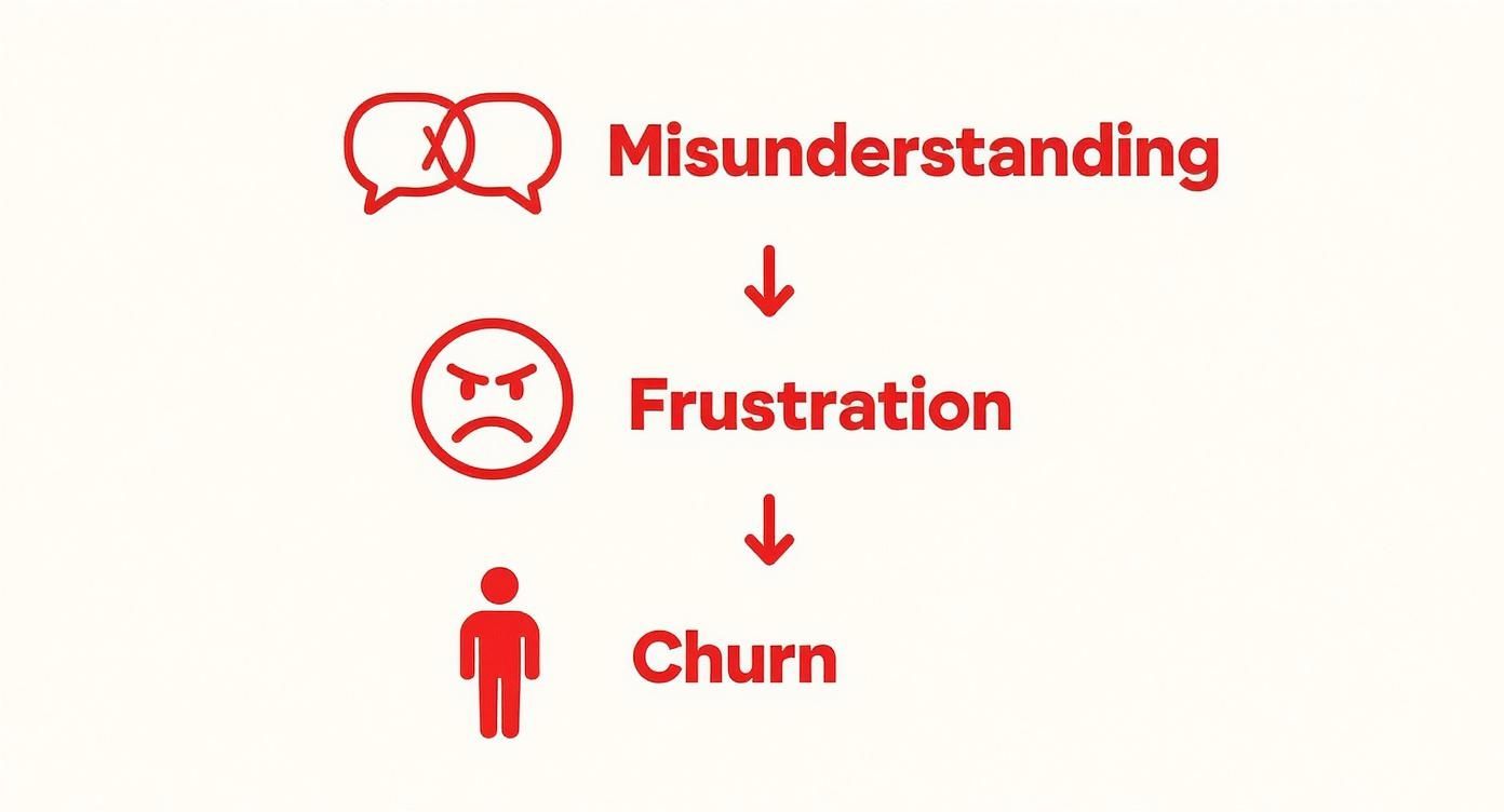 A red flowchart illustrating how misunderstanding leads to frustration and ultimately customer churn.