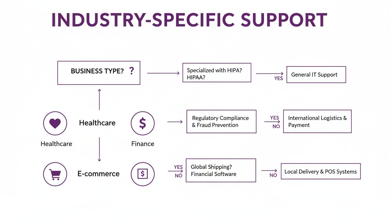 Outsourcing Bilingual Call Center Services for Business Growth 2 Flowchart illustrating industry-specific support pathways for healthcare, finance, and e-commerce businesses.