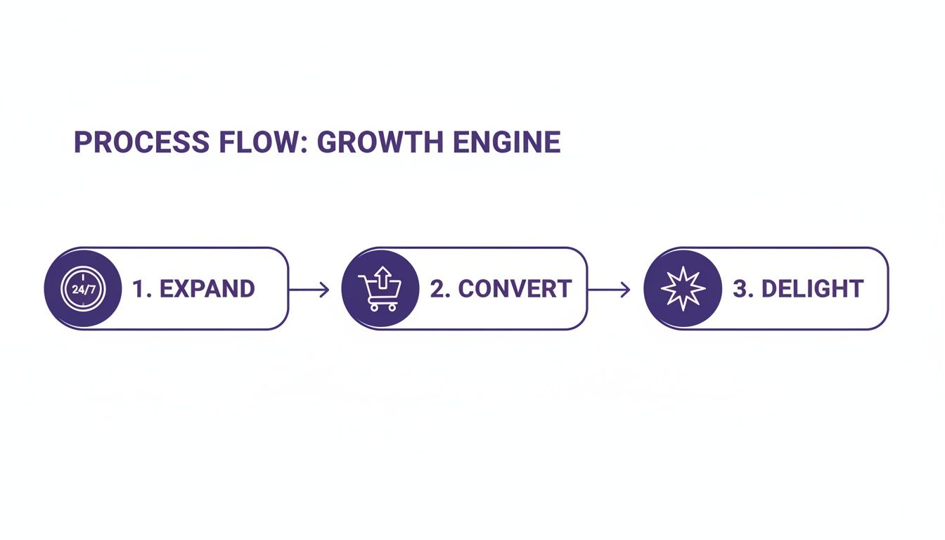 Live Chat Support Outsourcing: Boost Sales and Customer Loyalty 1 A process flow diagram titled 'Growth Engine' showing three steps: 1. Expand (24/7 icon), 2. Convert (shopping cart icon), and 3. Delight (star icon).