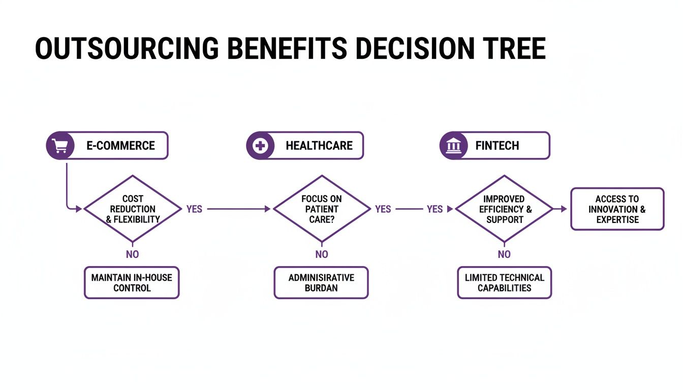 How Smart Companies Outsource Call Centers to Accelerate Growth 2 Flowchart showing outsourcing benefits decisions for E-commerce, Healthcare, and Fintech industries.