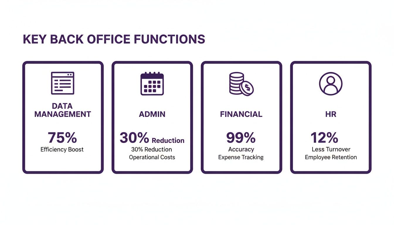 Unlocking Growth With Back Office Support Services 2 Infographic showing key back office functions: Data Management, Admin, Financial, and HR, with performance metrics.