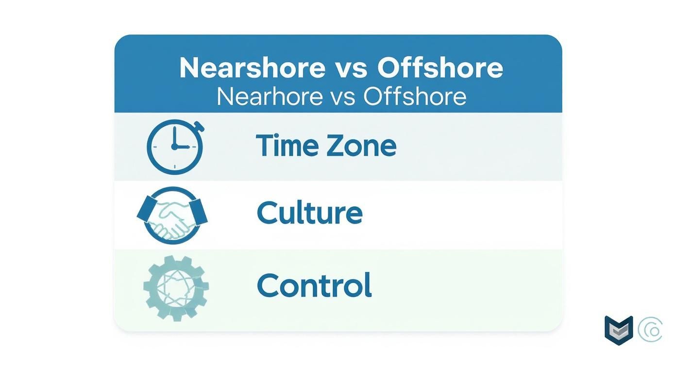 Infographic comparing nearshore versus offshore outsourcing showing time zone, culture, and control factors