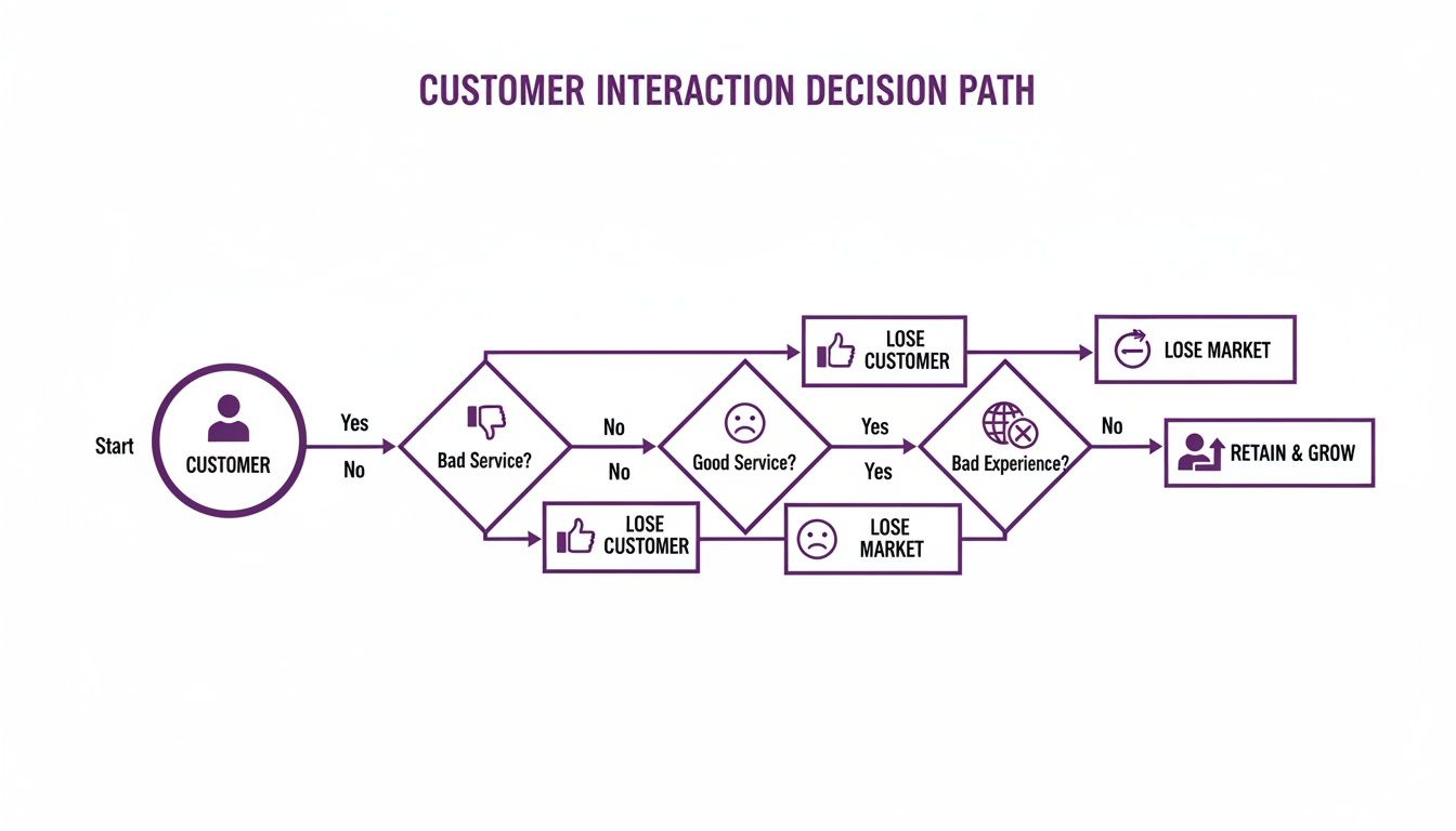 Customer Service vs Customer Experience: What Drives Growth? 3 A customer interaction decision path flowchart showing how service and experience impact retention and market.