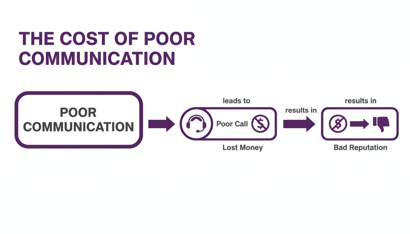 Master the Customer Service Communication Skills for Superior Interactions 1 Flowchart showing how poor communication leads to poor calls, lost money, and bad reputation.