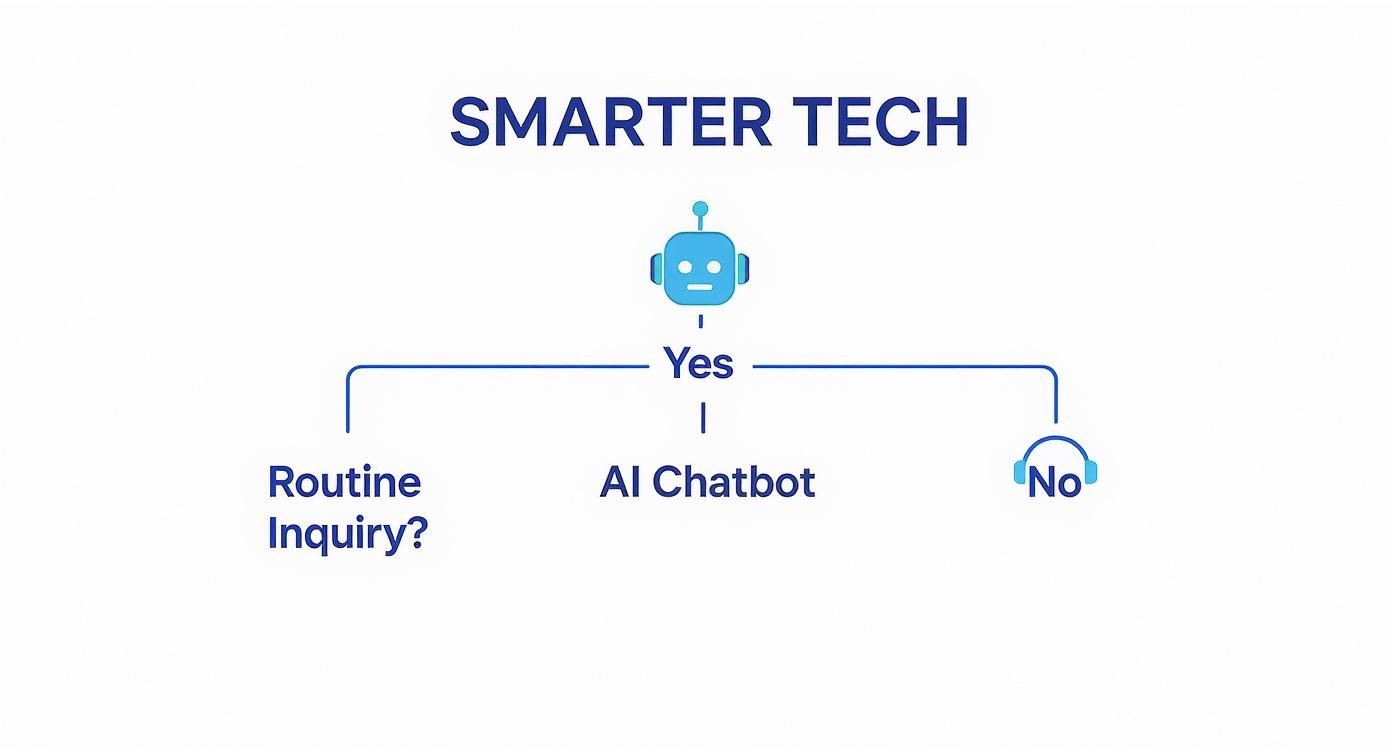 10 Proven Call Center Cost Reduction Strategies for 2024 3 An infographic decision tree showing how to route a routine inquiry to an AI chatbot versus a complex issue to a skilled agent.
