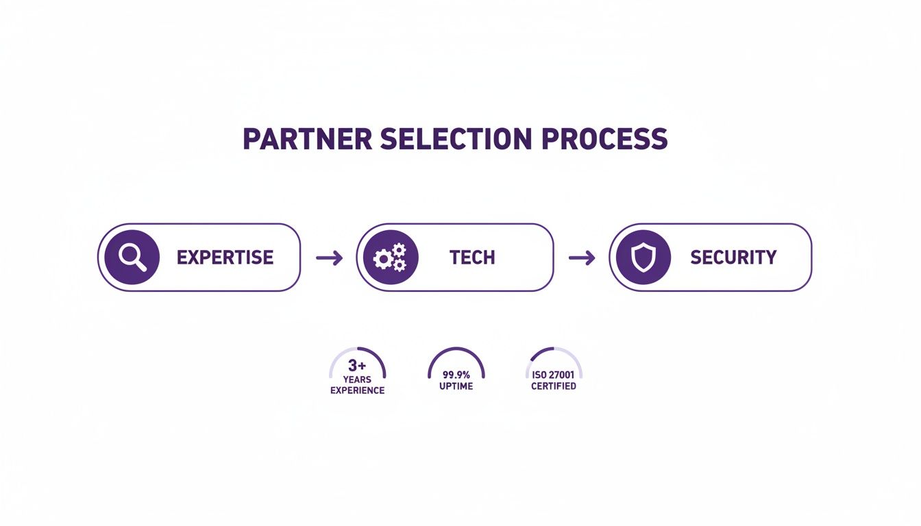 Contact Center Outsourcing Solution: A Practical Guide to Boosting CX and Cutting Costs 3 Infographic detailing a partner selection process with expertise, tech, and security steps, including experience, uptime, and certification.