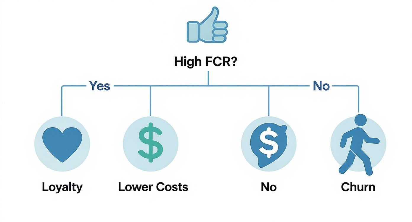 Why First Call Resolution Matters: Boost CX & Reduce Costs 2 Flowchart showing the positive impact of high First Call Resolution on loyalty and costs, versus negative outcomes like churn.