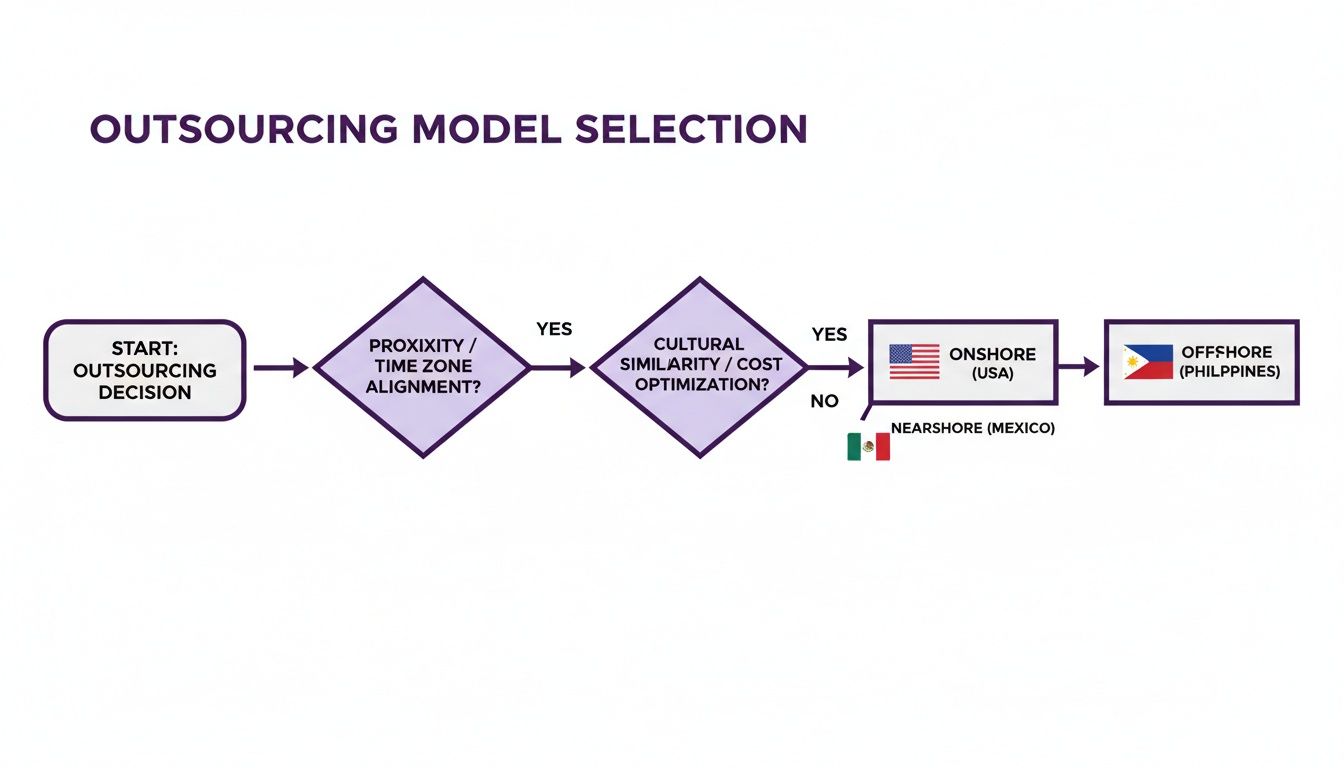 Outsource Customer Support: The Smart Way to Scale Without Losing Quality 2 A flowchart illustrating the decision process for outsourcing model selection, considering proximity, time zone, cultural similarity, and cost.