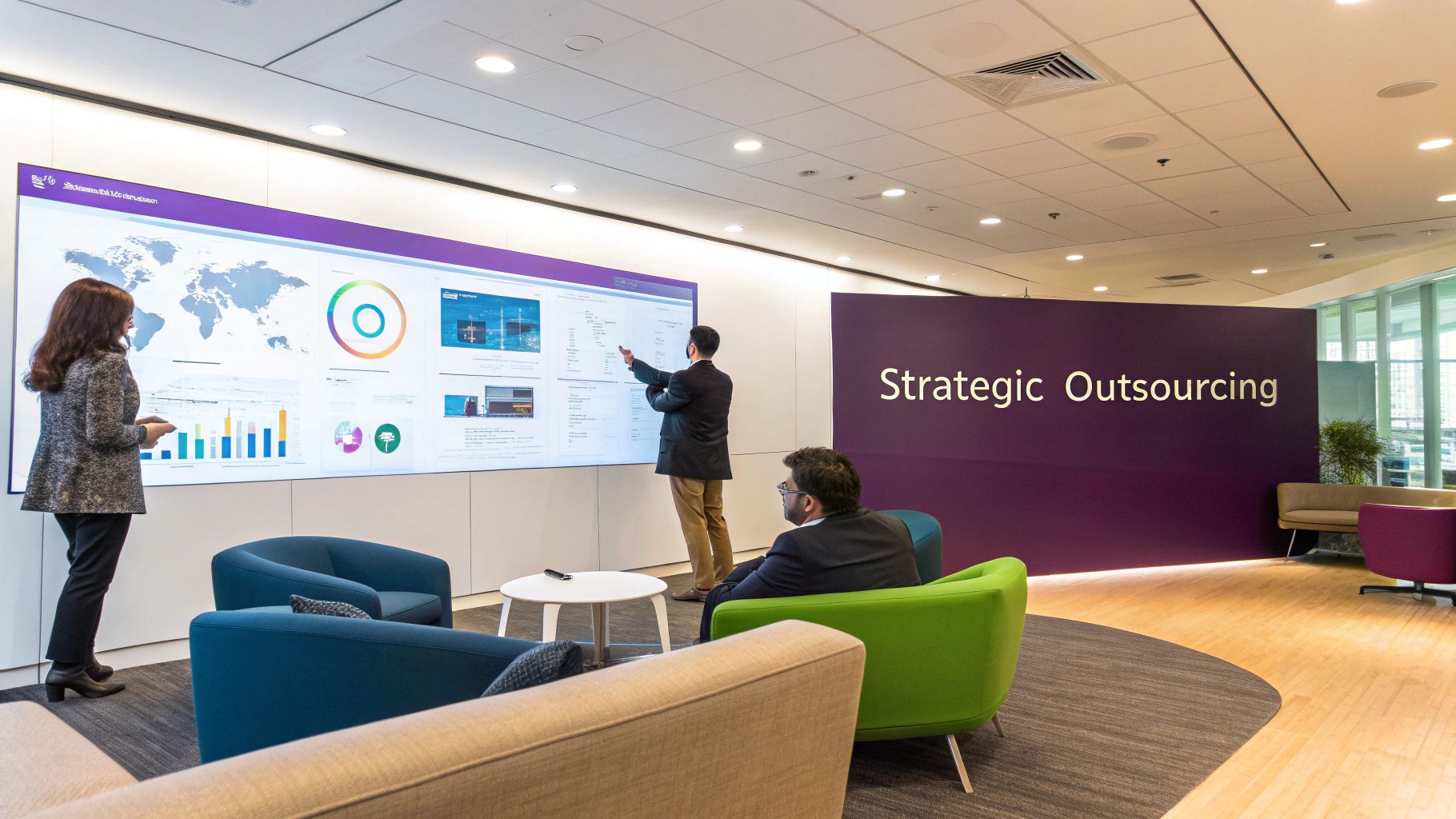 How Smart Companies Outsource Call Centers to Accelerate Growth 1 Professionals collaborate on a large interactive display in a modern office, analyzing data and charts.