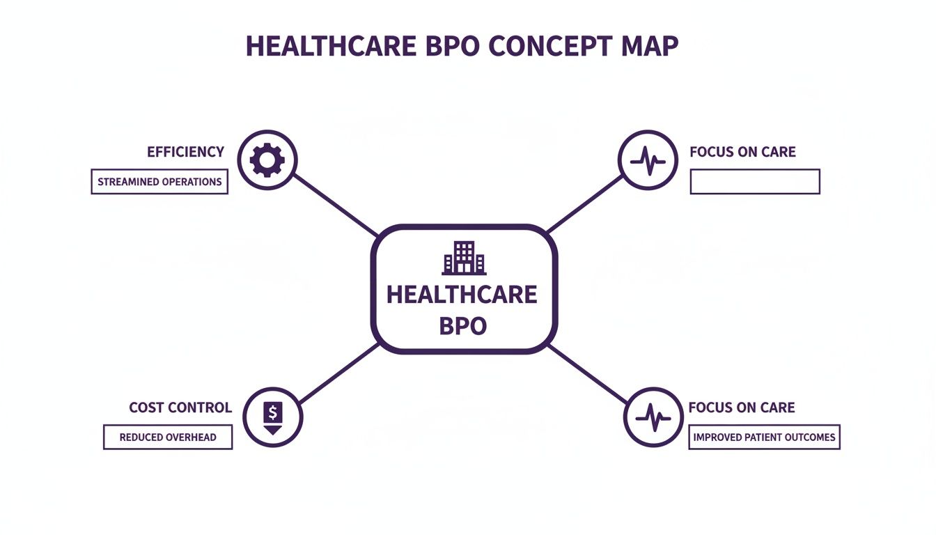 Healthcare BPO Explained: A Practical Guide for North American Providers 1 A concept map illustrating the key benefits of Healthcare BPO, including efficiency, cost control, and focus on care.