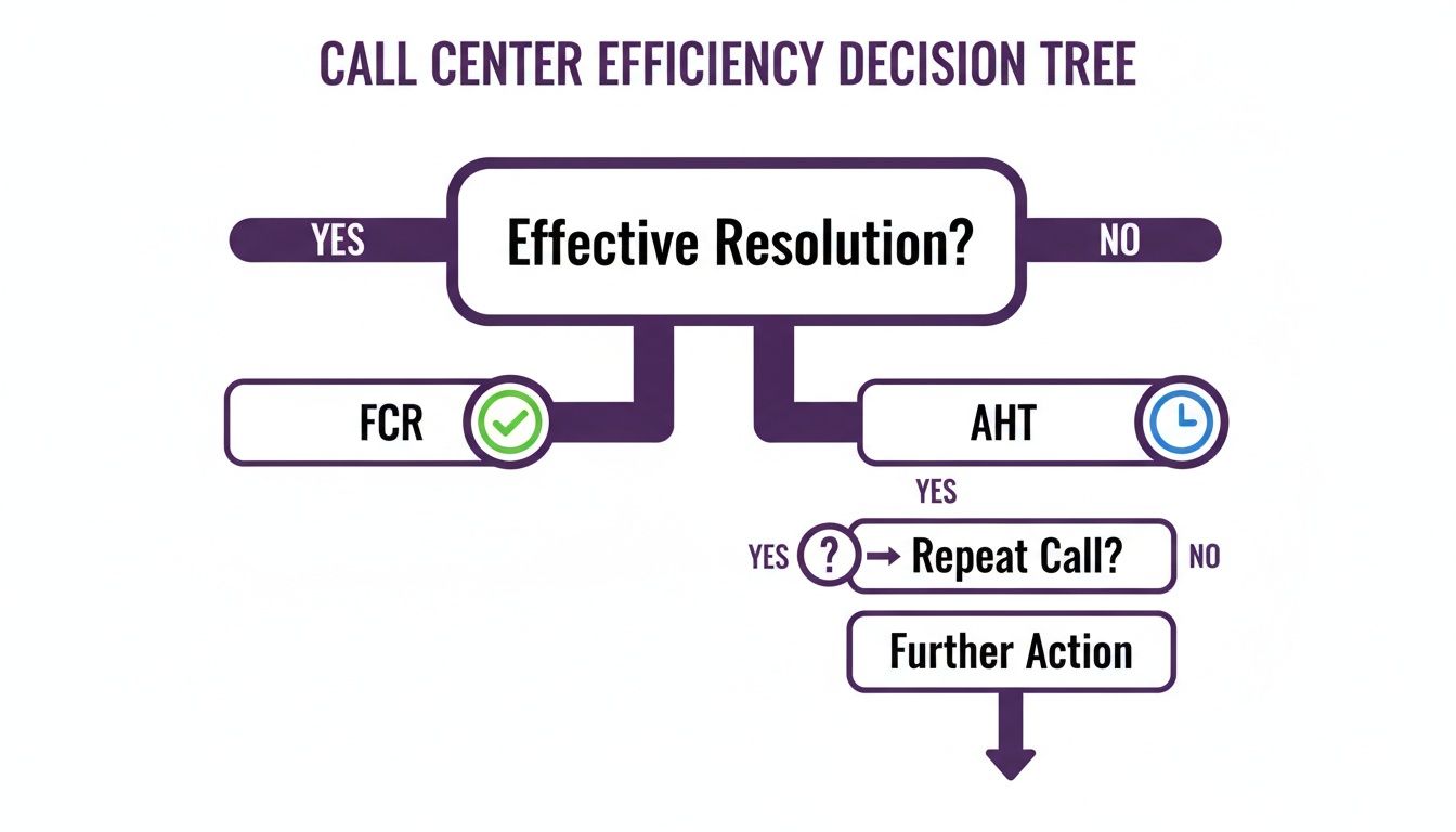 KPIs in Customer Service That Drive Real Business Growth 2 Call center efficiency decision tree, showing paths for effective resolution, FCR, AHT, and repeat calls.