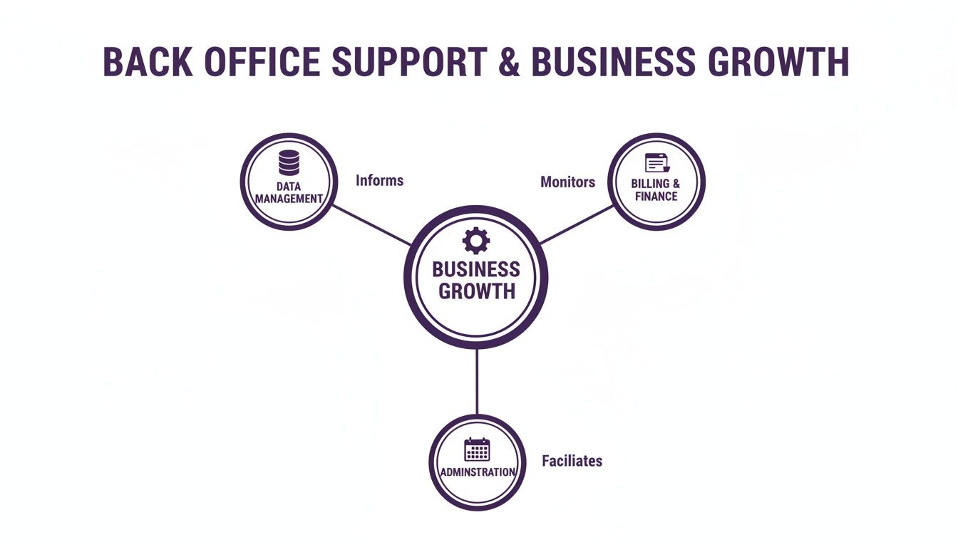 Back Office Support your Secret Weapon for Growth 1 Diagram illustrating how back office support functions like data management, billing, and administration drive business growth.