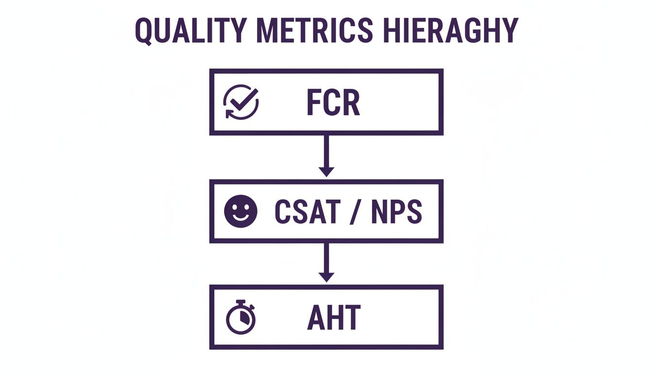 Achieving World-Class Quality in Call Centers : A Practical Guide 2 A flowchart illustrates the quality metrics hierarchy: FCR, CSAT/NPS, and AHT, with their respective icons.
