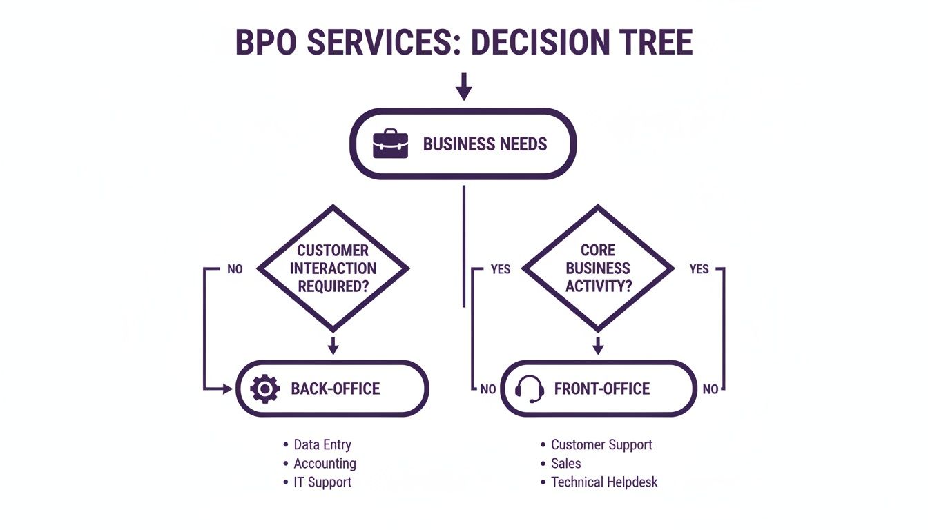 Understanding Call Centers and BPO: Comprehensive Guide for Business Leaders 3 A BPO services decision tree flowchart guides users on choosing back-office or front-office functions.
