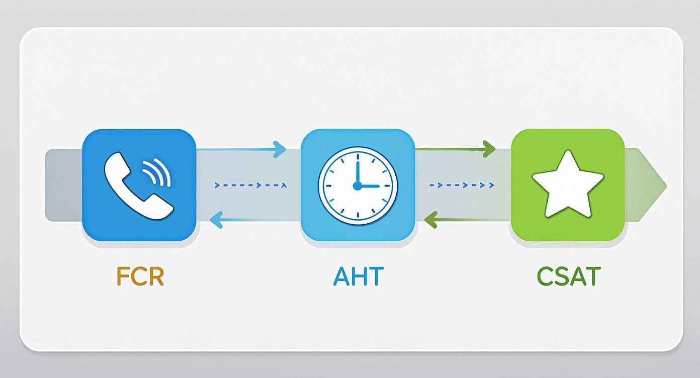 Strategies for Achieving The Best Call Center Quality 1 Diagram illustrating key call center metrics: FCR, AHT, and CSAT, with connecting arrows.