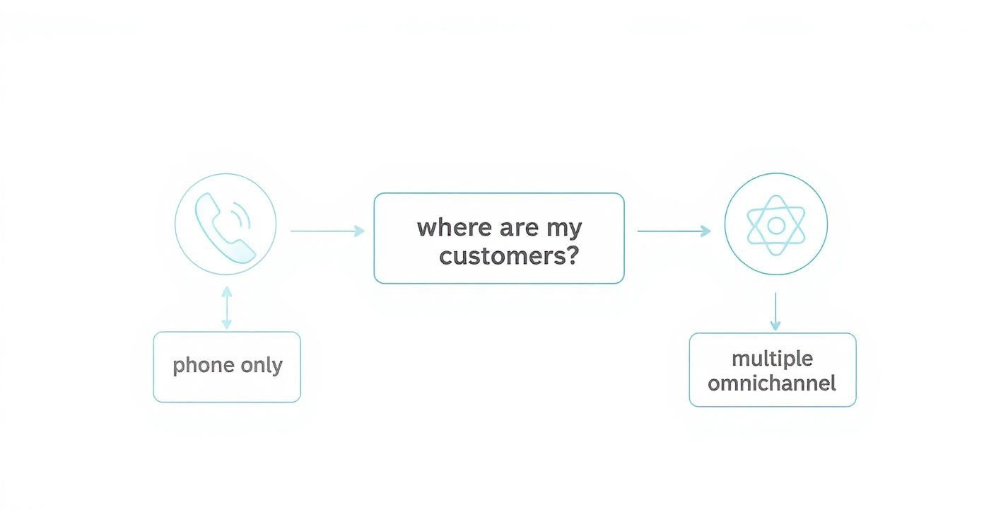 Contact Center vs Call Centers: Which is Right for Your Business? 4 Flowchart comparing phone only call centers with multiple omnichannel contact centers customer interaction approach