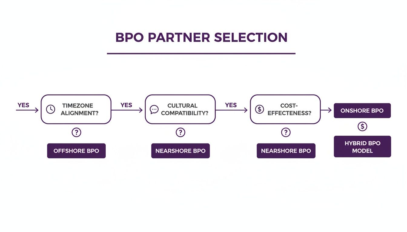 BPO in Insurance: Lowering Costs & Boost Efficiency 3 Flowchart illustrating the BPO partner selection process based on timezone, cultural compatibility, and cost-effectiveness.
