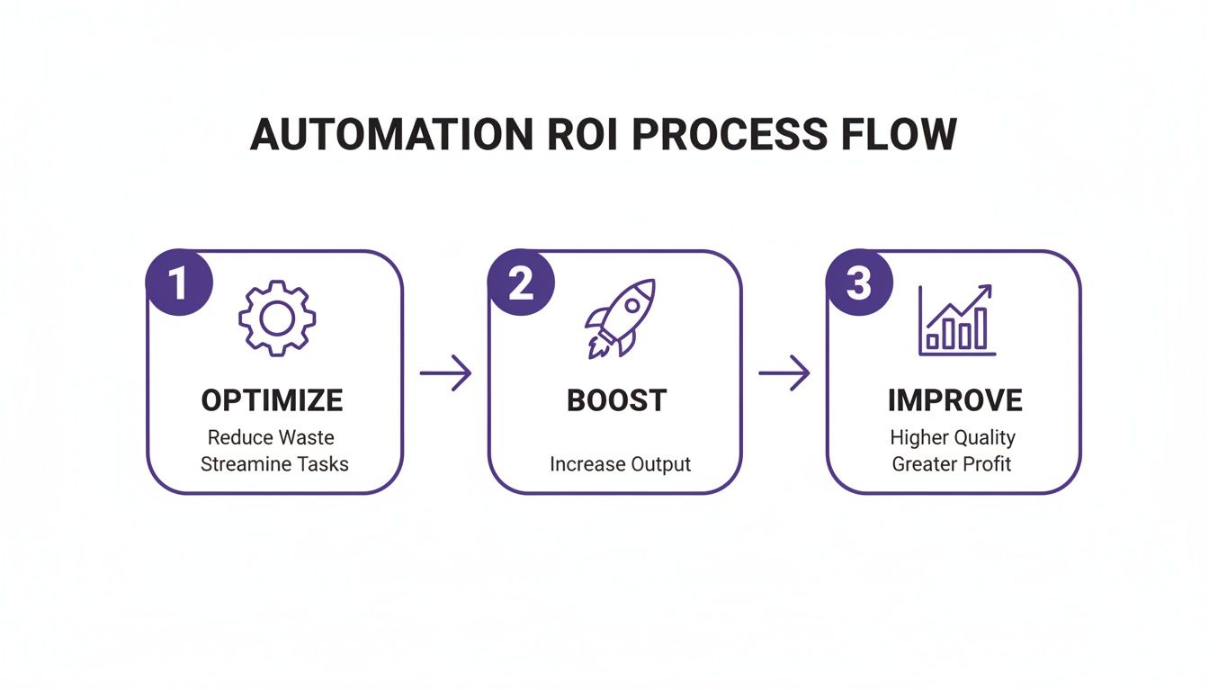 Automation in Customer service: A Practical Guide to empower your Business 4 A 3-step automation ROI process flow diagram: Optimize, Boost, and Improve for greater profit.