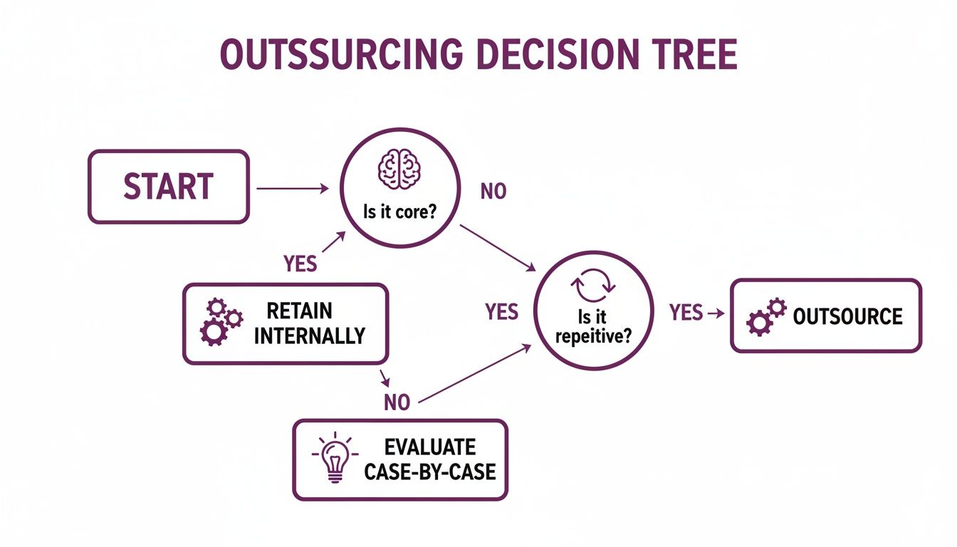 Outsourcing Back Office Services: Cut Costs & Scale Faster 2 An outsourcing decision tree diagram guiding on when to retain, outsource, or evaluate tasks.