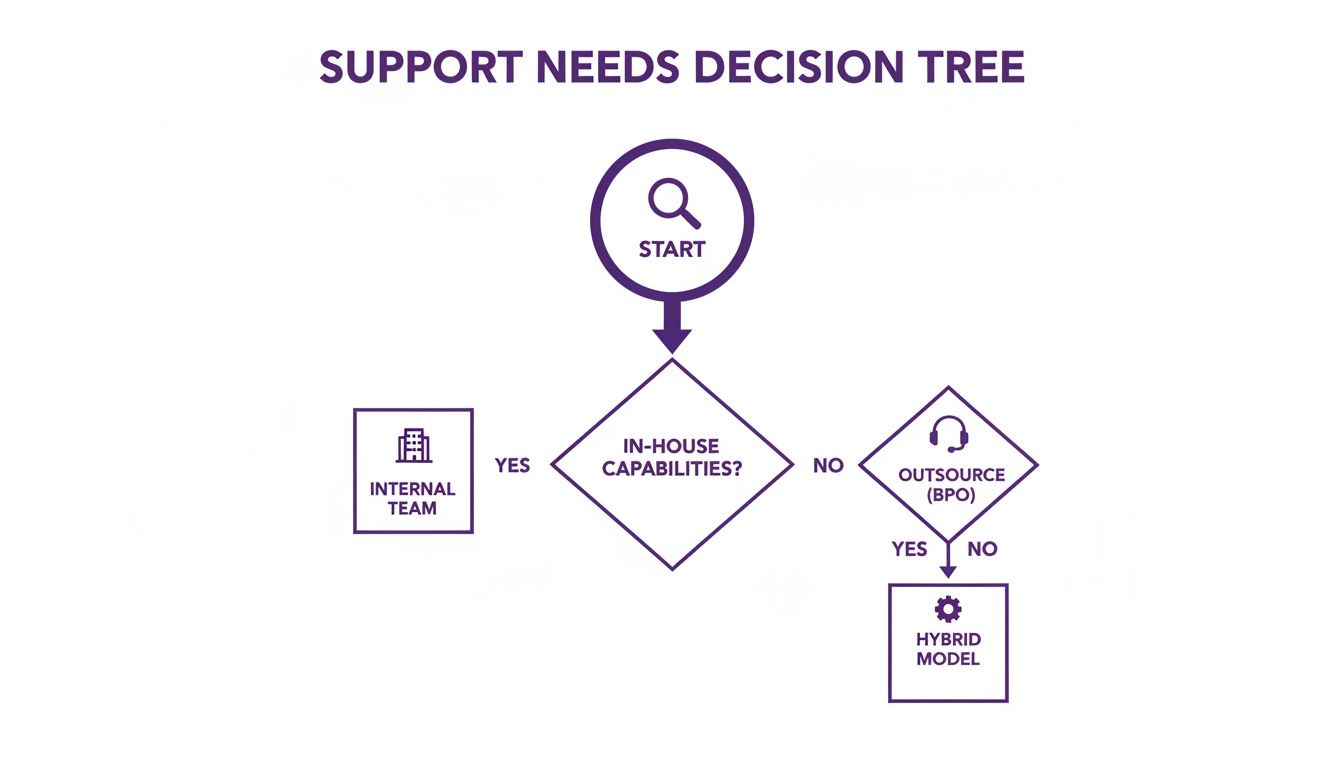 Customer Support in E-Commerce: Growth Engine for your Business 1 Decision tree outlining support needs: Start, In-house Capabilities, Internal Team, Outsource BPO, Hybrid Model.
