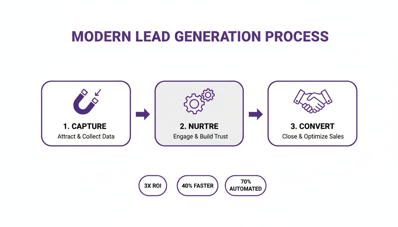 Lead Generation for Technology Companies: A Scalable Pipeline Blueprint 1 A diagram illustrating a modern lead generation process flow with benefits like 3X ROI and 70% automated.