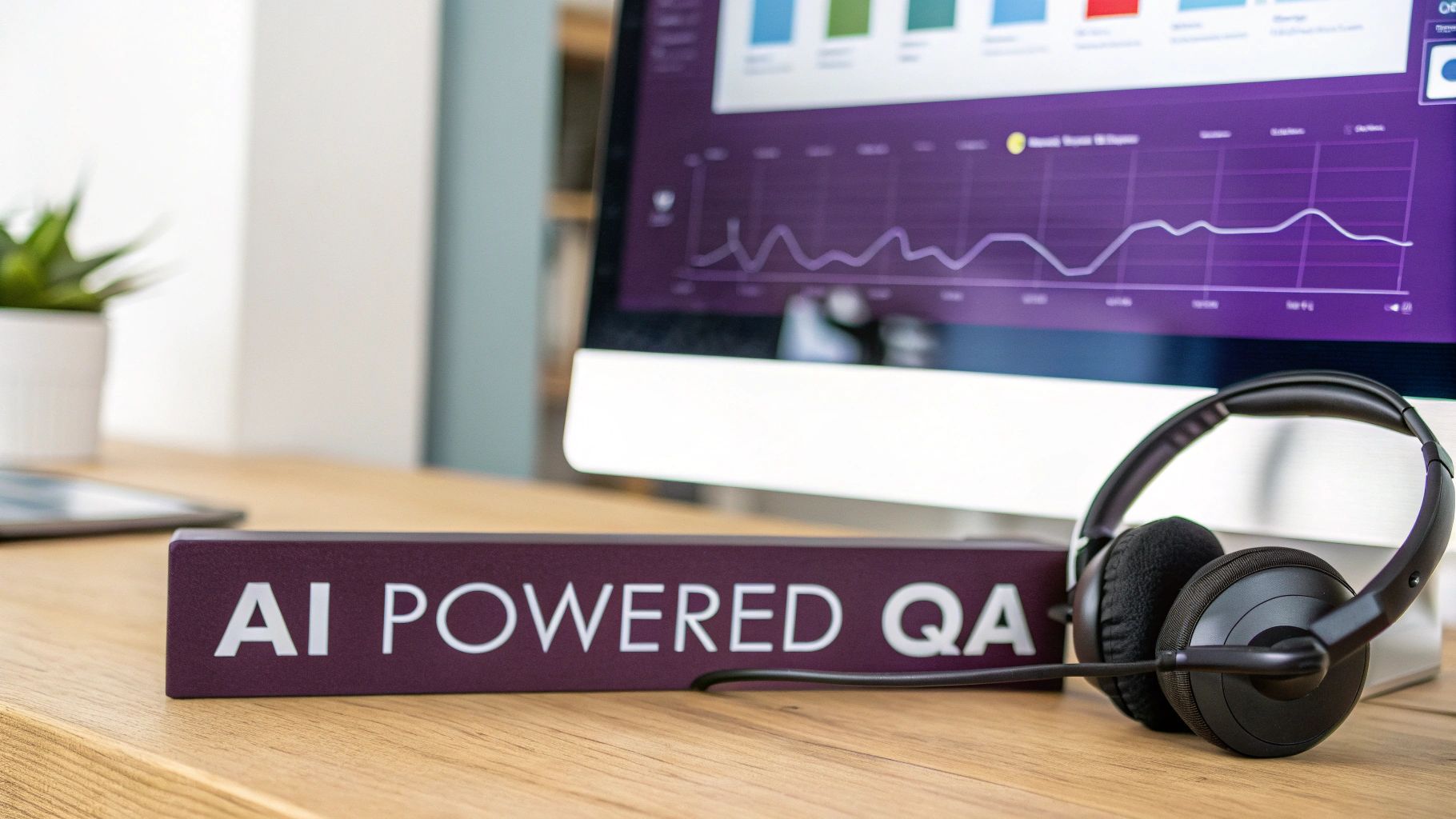 What Is Quality Assurance in a Call Center? A BPO Expert's Guide 3 A desk setup with an 'AI POWERED QA' sign, headset, and computer showing performance graphs.