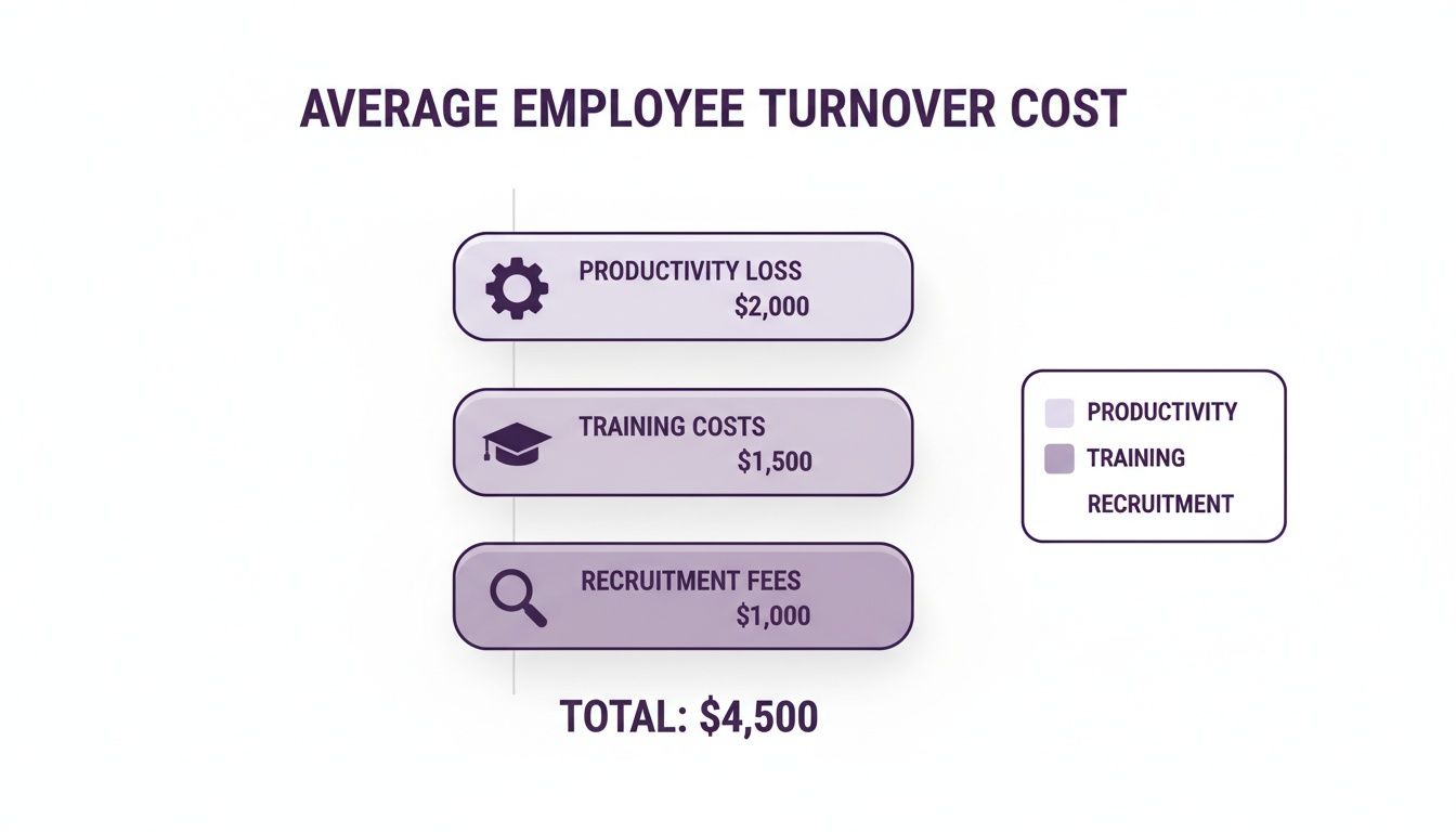 How to Reduce Call Center Employee Turnover: Proven Retention Strategies 1 An infographic detailing average employee turnover costs, including productivity loss, training costs, and recruitment fees, totaling $4,500.