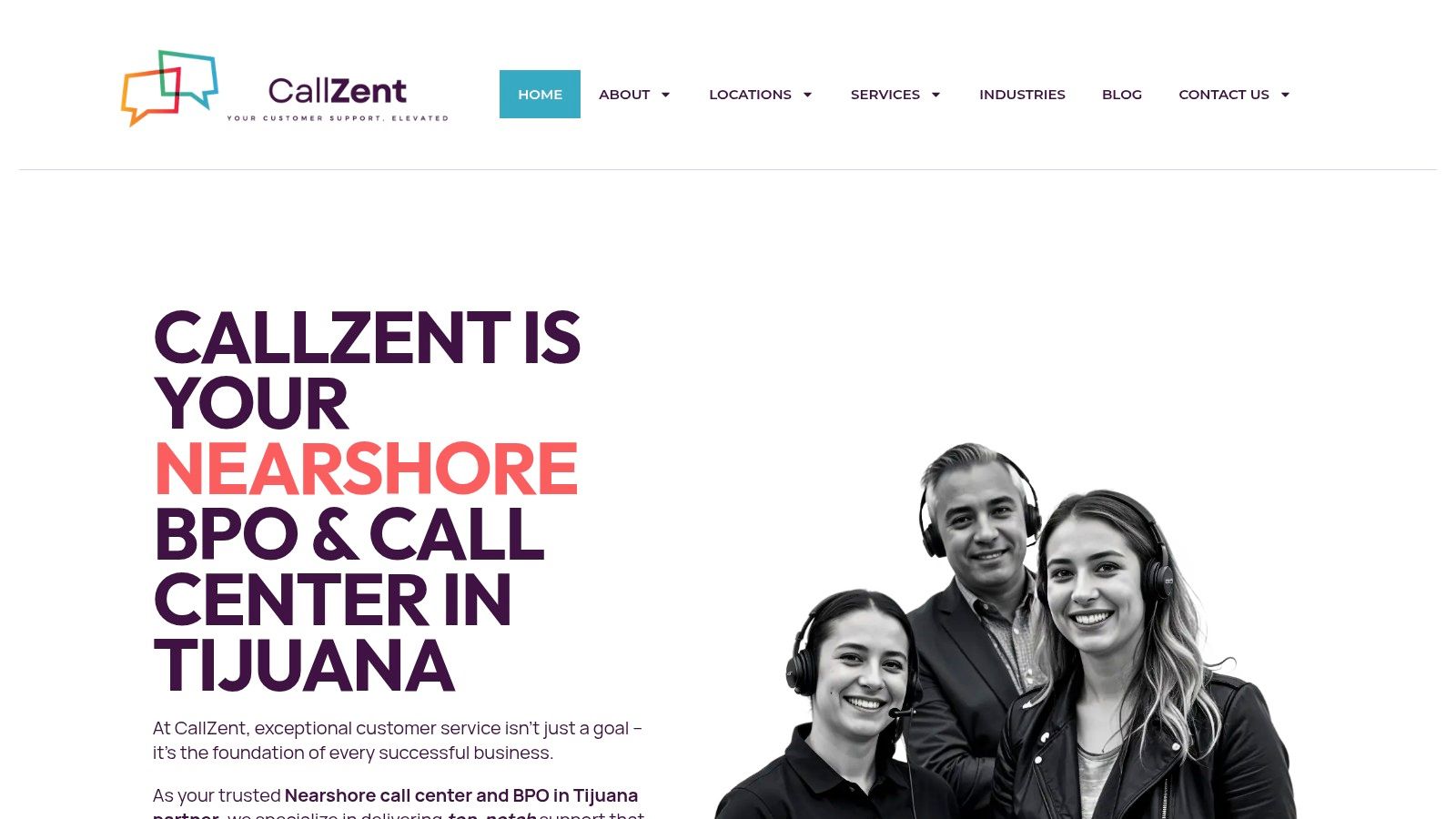 CallZent's website homepage showcasing their services and values