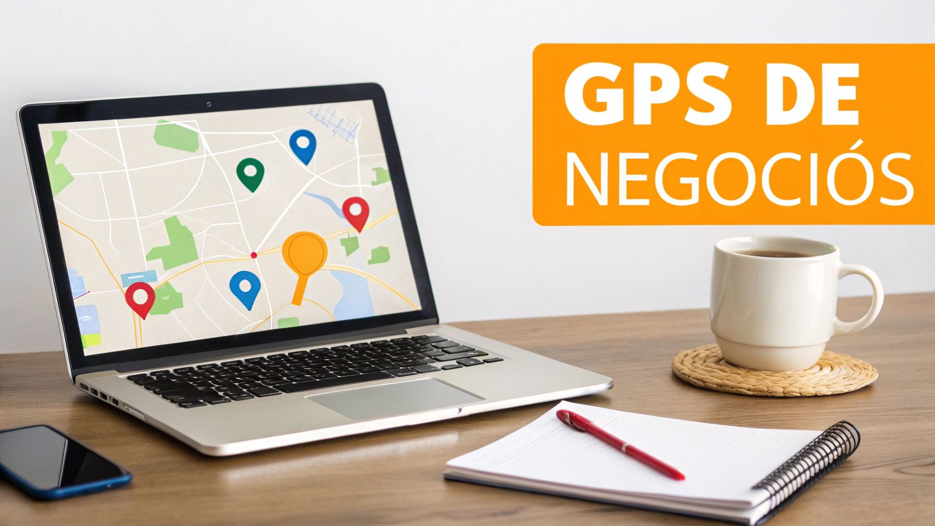 Laptop exibindo um mapa com pontos de GPS, café, caderno e celular em uma mesa de madeira, com texto 'GPS DE NEGOCIÓS'.