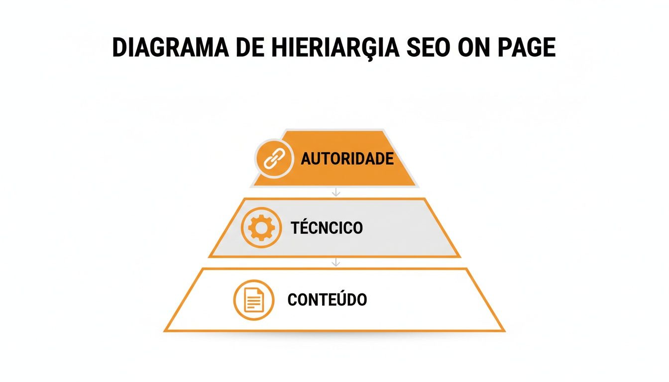 Diagrama de hierarquia SEO On Page com níveis de Autoridade, Técnico e Conteúdo.