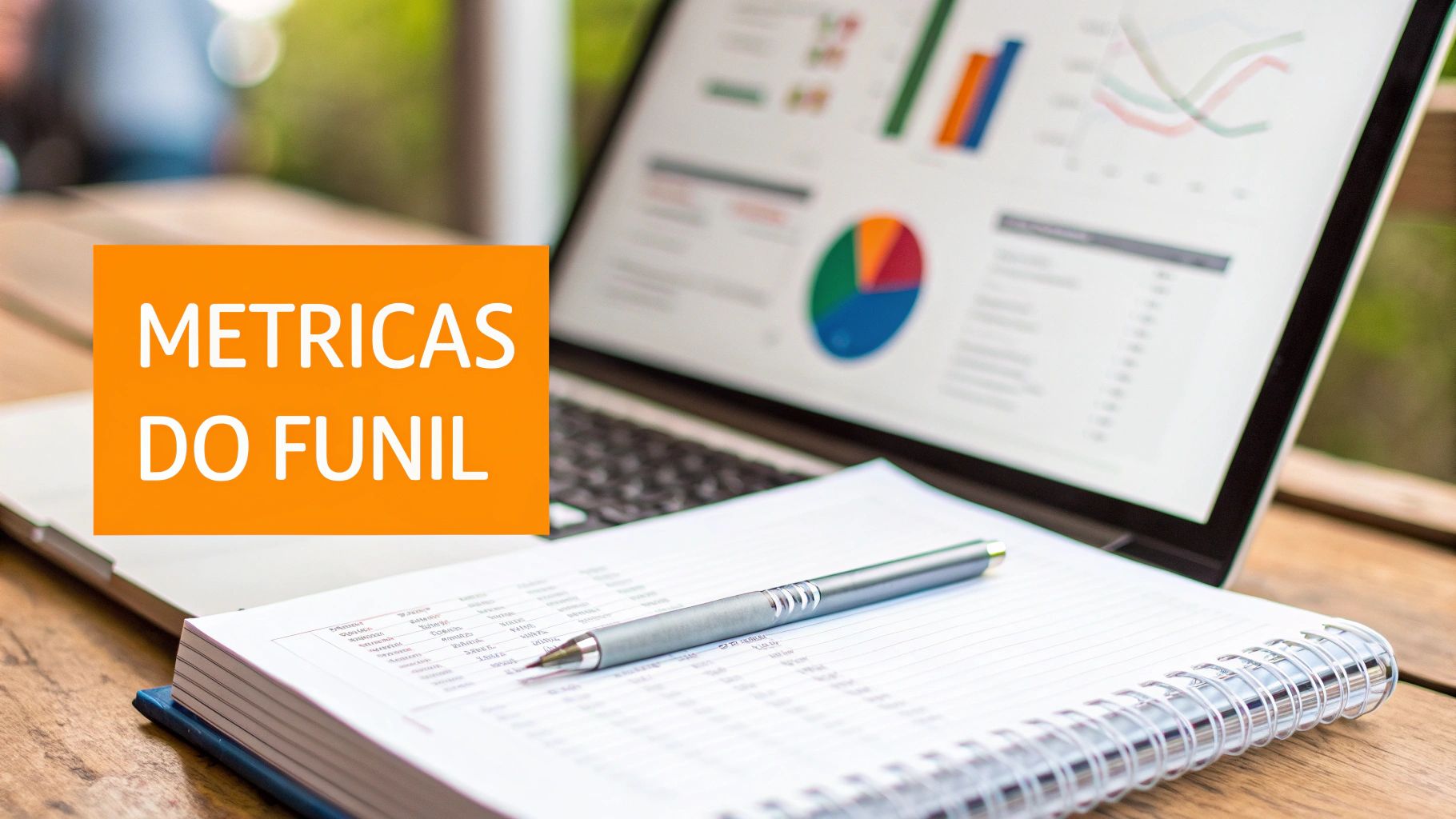 Laptop exibindo gráficos e métricas de funil de vendas, acompanhado por um caderno, caneta e a frase "METRICAS DO FUNIL".