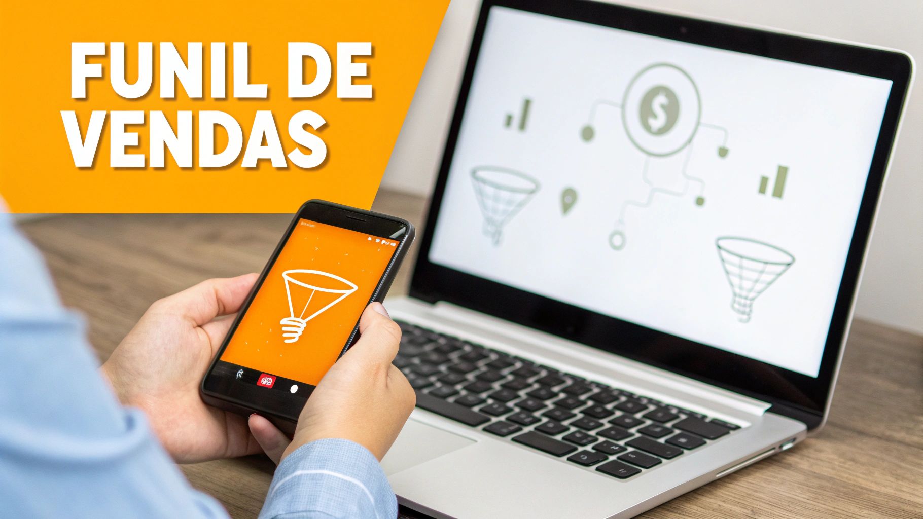 Pessoa segurando celular com ícone de funil de vendas, laptop exibe diagrama de marketing digital.