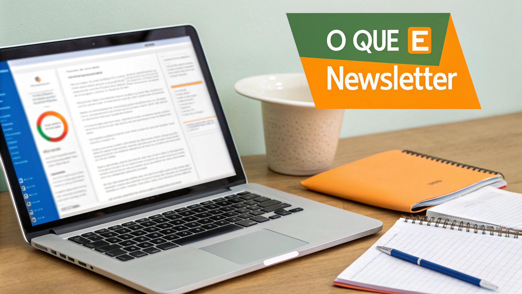 Laptop exibindo newsletter em mesa de trabalho com cadernos e caneta ao lado