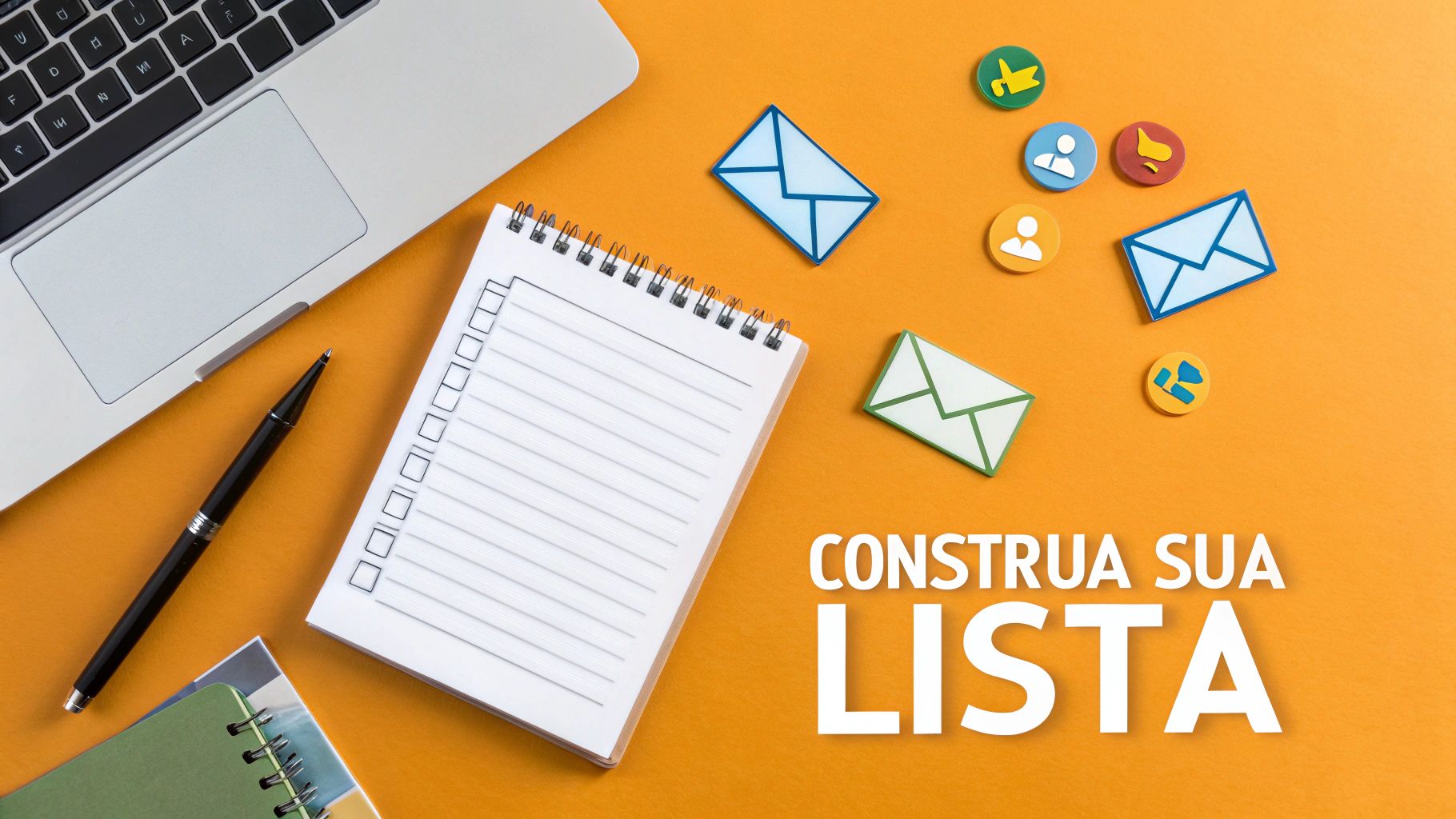 Vista superior de um espaço de trabalho com laptop, caneta, bloco de notas e ícones de comunicação, incentivando a construção de lista.