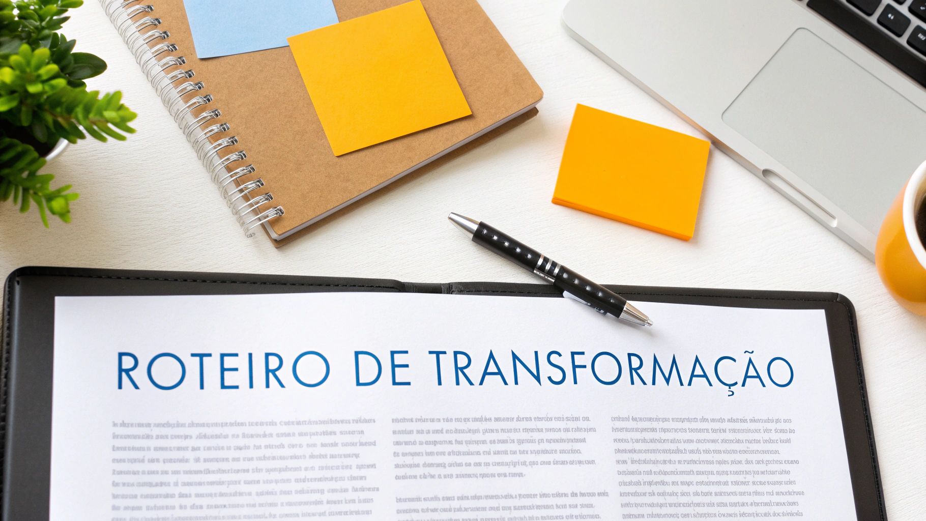Mesa de trabalho com documento 'Roteiro de Transformação', notebook, post-its, caneta, laptop e xícara de café.