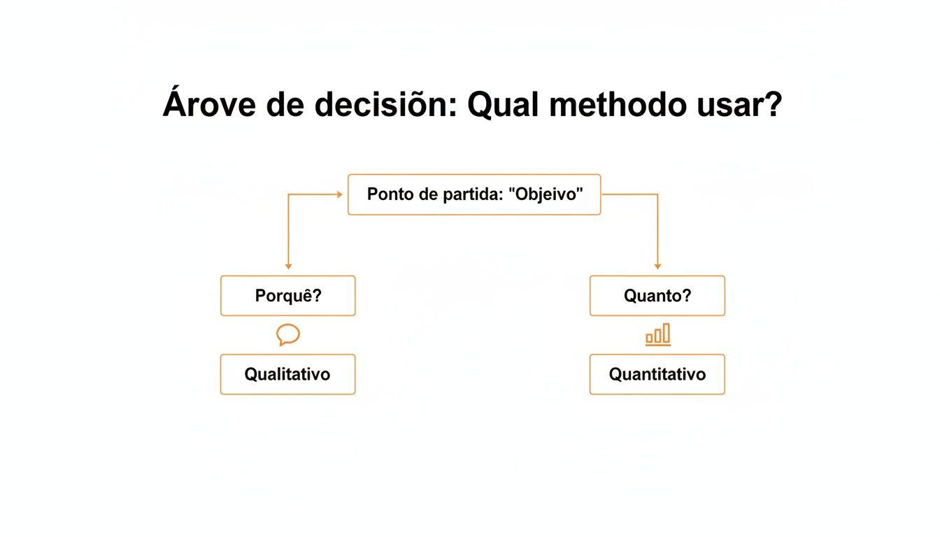 Fluxograma de árvore de decisão mostrando como escolher entre métodos qualitativos e quantitativos para estudos.