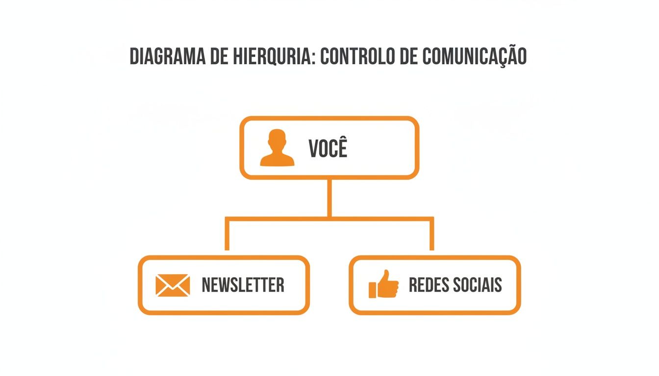 Diagrama de hierarquia que ilustra você controlando a comunicação através de newsletter e redes sociais.