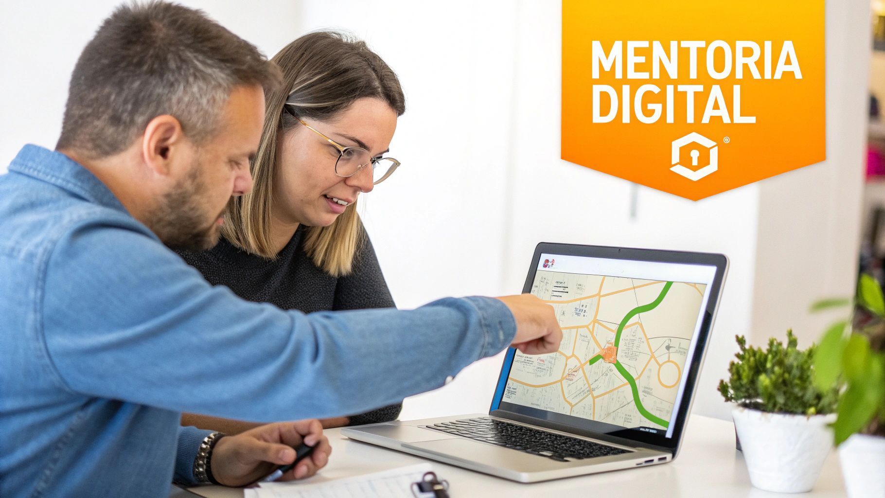 Duas pessoas, um homem e uma mulher, olham para um laptop com um mapa, engajados em mentoria digital.