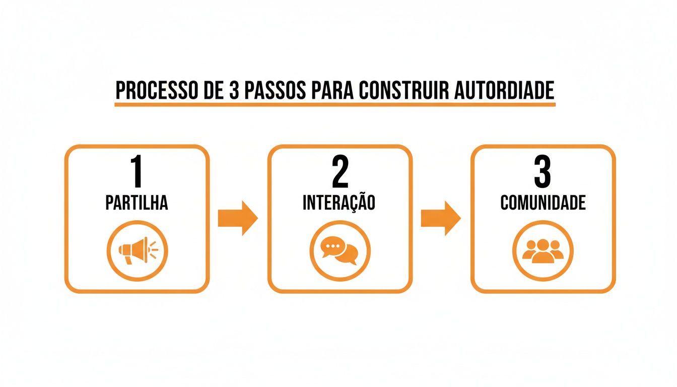 Infográfico detalhando um processo de 3 passos para construir autoridade: partilha, interação e comunidade, com ícones representativos.