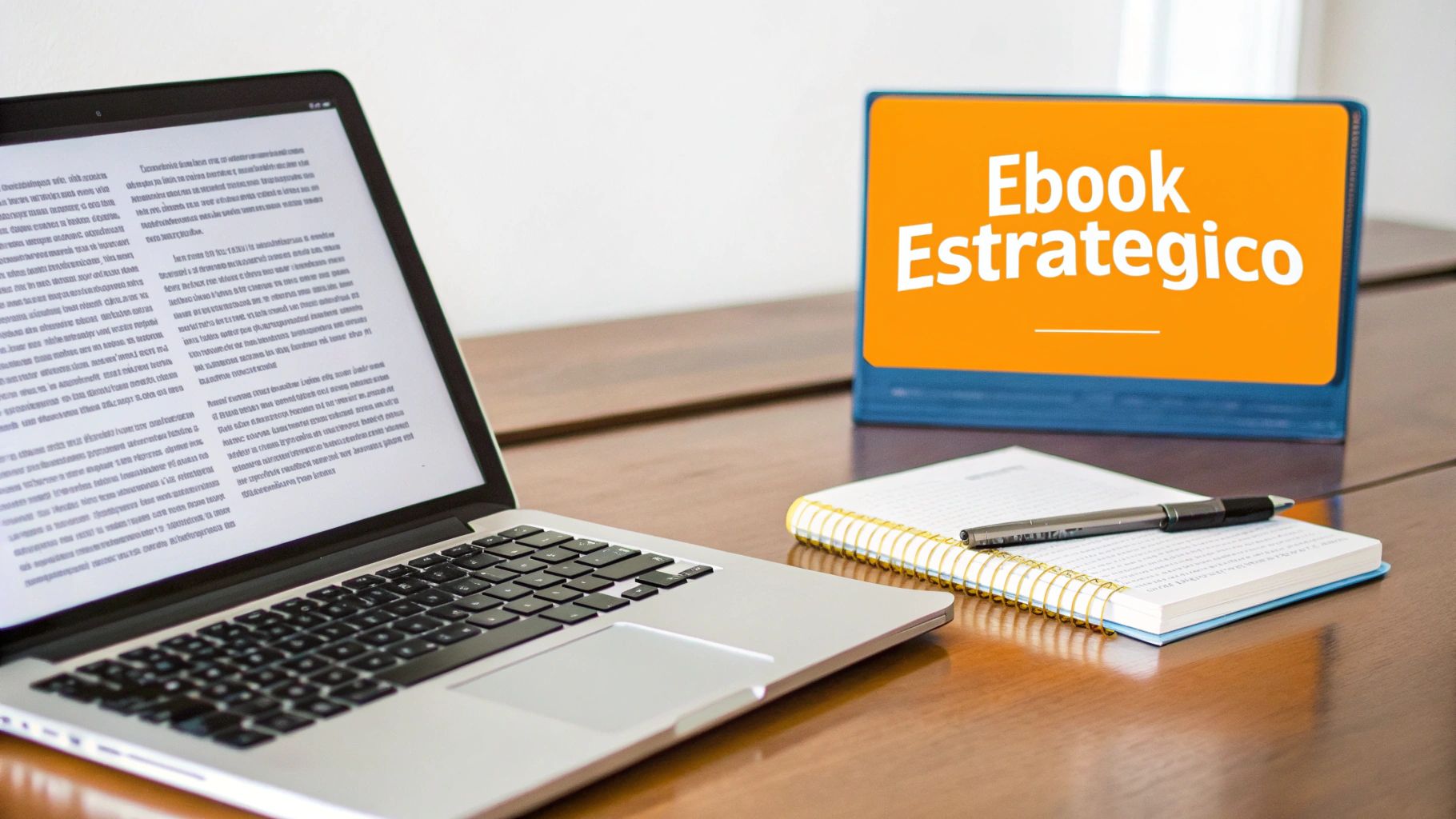 Mesa de trabalho com laptop exibindo texto, caderno, caneta e placa laranja com 'Ebook Estrategico'.