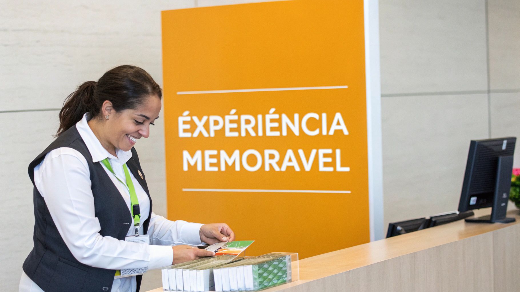 Funcionária simpática organiza materiais em balcão, com placa laranja "EXPERIÊNCIA MEMORÁVEL" ao fundo.