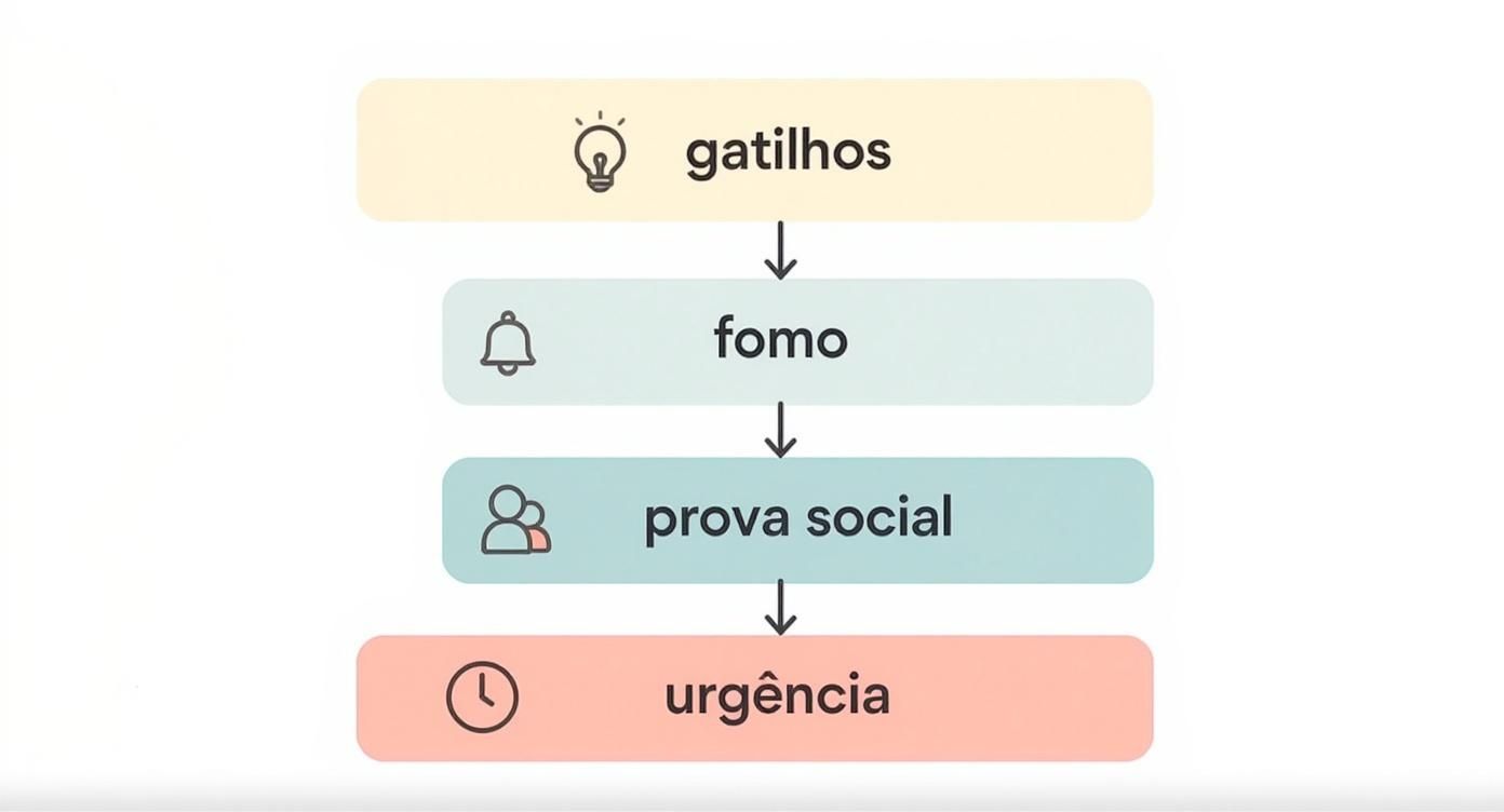 Infográfico sobre gatilhos para call to action mostrando FOMO, Prova Social e Urgência.
