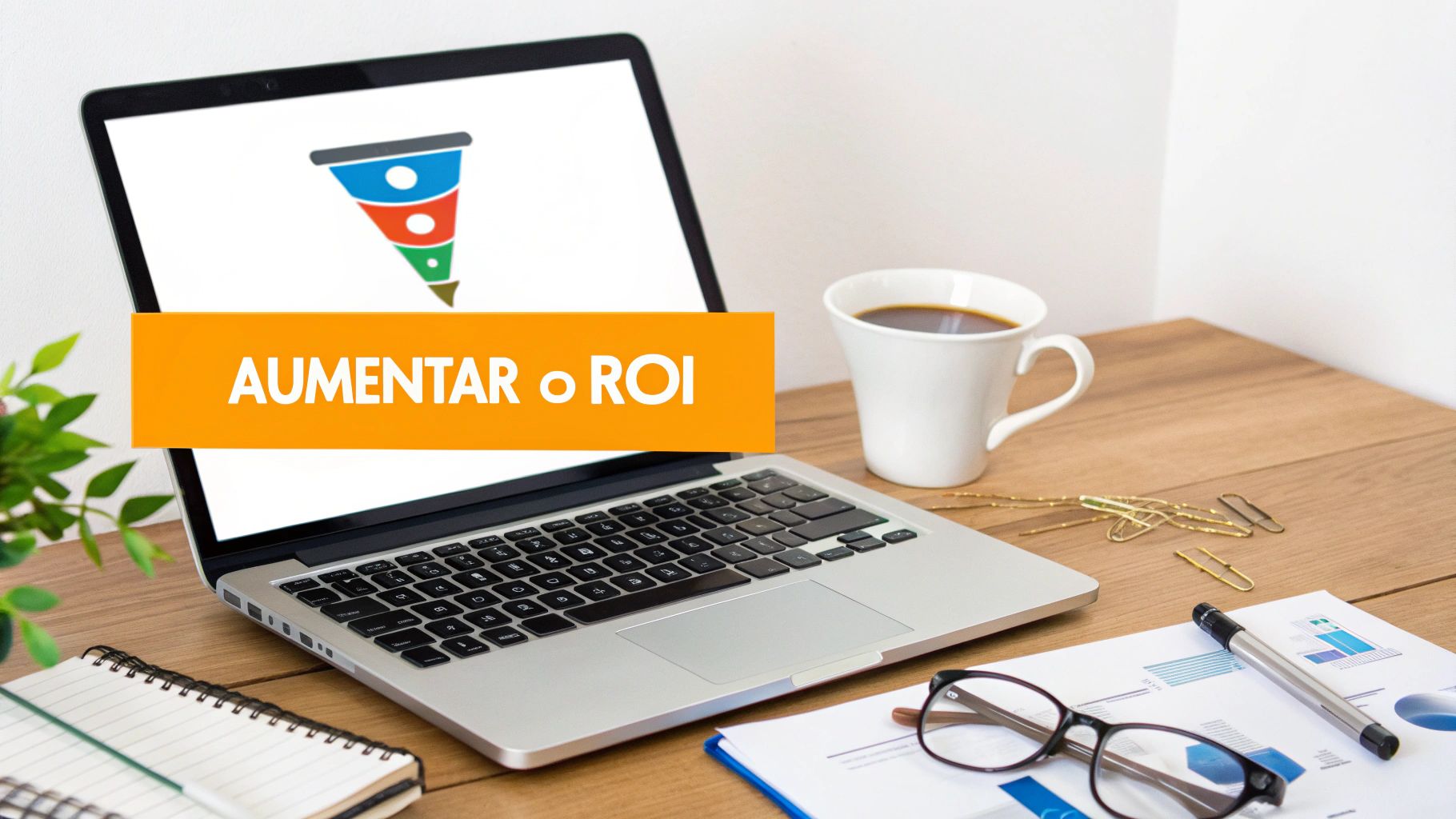 Laptop em mesa de escritório com gráfico de funil de vendas e banner 'AUMENTAR o ROI', ao lado de café e óculos.